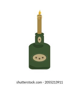 A lit candle. Wax candle with dripping wax. Candlestick from an old bottle. Vector illustration, flat style
