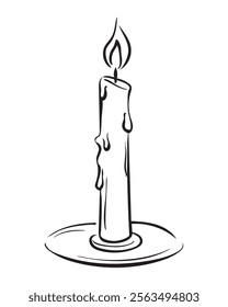 A lit candle with wax dripping down its side. Simple line art illustration.