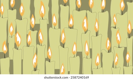 Lit candles background. Church candles background. Religion and Christianity. A set of candles illustration. Remembrance day illustration. 