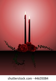 Lit candles with roses and ivy vines