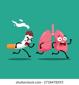 Un cigarrillo de dibujos animados encendido con una cara enojada está persiguiendo dos pulmones humanos rosados y asustados, simbolizando los efectos dañinos de fumar.