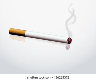 Lit cigarette burning red tip and smoke. Vector illustration.