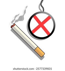 A lit cigarette emits smoke and a no smoking sign. This image conveys a clear anti-smoking message, making it suitable for health and awareness campaign materials.