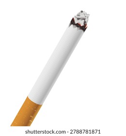 Lit Cigarette with Glowing Ember and Ash on White Background