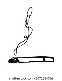 Lit cigarette. Hand drawn doodle contour black and white isolated illustration.