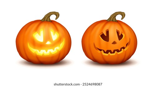 Conjunto de iconos de color realistas de jack-o-lanterns sonrientes iluminados y oscuros. Calabazas de Halloween que crean una atmósfera espeluznante Ilustraciones de personajes en 3D