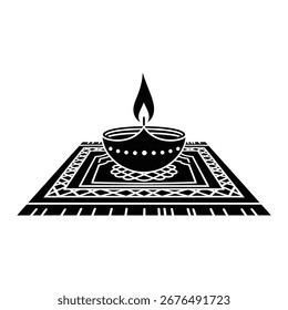 Lit diya lamp on a patterned rug, symbolizing light and tradition.