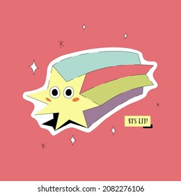 It Is Lit greeting card. Seasonal vector design with funny Christmas character. Falling star with eyes. Holiday season's pun for web or print.