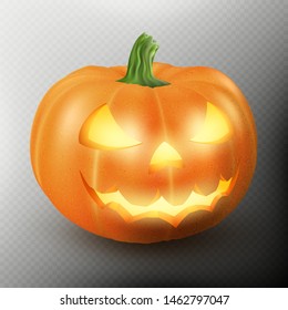 Lit Jack O Lantern glowing halloween realistic smile face pumpkin with candle light inside. Scary expression. EPS 10
