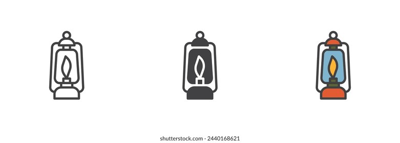 Lit lamp different style icon set. Line, glyph and filled outline colorful version, outline and filled vector sign. Camping lantern symbol, logo illustration. Vector graphics