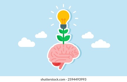 A lit lamp flowering plant grows from the brain, illustration of creativity, ideas, and business innovation emerging from critical thinking