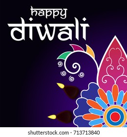 Lit lamp on Rangoli pattern with happy Diwali text for Diwali festival, Vector illustration