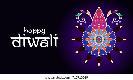 Lit lamp on Rangoli pattern with happy Diwali text for Diwali festival, Vector illustration