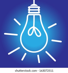 Lit lightbulb icon white on blue, bright idea, inspiration concept