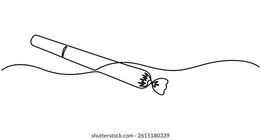 Lit marijuana joint continuous one line drawing, Cannabis joint. Hand drawn vector illustration in sketch style. Marijuana spliff, minimalist pro style vector of white background. outline design.