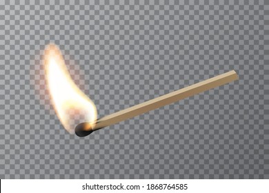 Lit match stick burning with fire flame. Wooden match, hot and glowing red isolated on transparent background. Abstract realistic horizontal vector illustration. Match design.