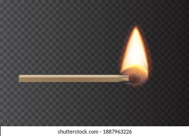 Lit match stick burning with fire flame. Wooden match, hot and glowing red isolated on transparent background. Abstract realistic horizontal vector illustration.