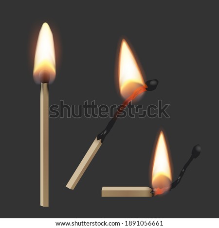 Lit match stick burning with fire flame set. Wooden matches, hot and glowing red isolated on dark background. Abstract realistic vector illustration.