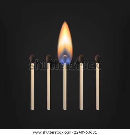 Lit match stick burning with fire flame. Collection of matches. Wooden match, hot and glowing red and yellow. Abstract realistic horizontal vector illustration. Match design. Fire safety.