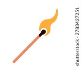 Lit match stick with fire flame burning. Alight matchstick with flammable burnt head. Dangerous fiery energy, spark. Flat vector illustration isolated on white background