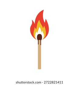 Ilustração de design plano de matchstick iluminado mostrando chama e ignição no fundo branco