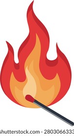 Lit matchstick vector illustration with vibrant orange and red burning flame drawn in minimalist cartoon design style.