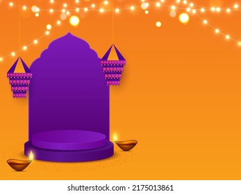 Lit Oil Lamps (Diya) With Hanging Lanterns (Kandeel), Lighting Garland, Empty Podium On Purple And Chrome Yellow Background.