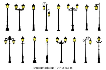 lit old street lamps on the white background