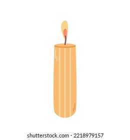 Lit orange candle on white background, vector flat illustration.