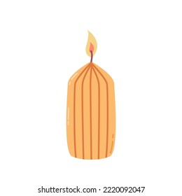 Lit orange candle on white background, vector flat illustration.