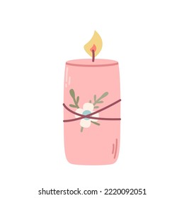 Lit pink candle with flower, vector flat illustration on white background.