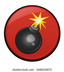 Lit round black bomb icon on red backgorund with black frame.