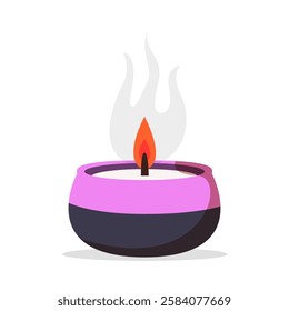 Lit scented candle in a stylish pink and black holder with a soft glow, isolated on a white background. Concept of relaxation and aromatherapy