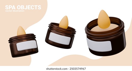 Lit scented candle in wide jar with white label. Vector model in different positions