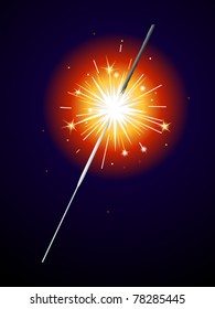 A lit sparkler emits sparks as it burns