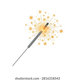 A lit sparkler held in hand, casting warm golden sparks against a plain background.