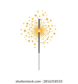 A lit sparkler held vertically against a plain white background, radiating warm golden sparks.