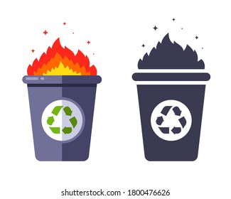 lit trash in the trash can. incineration of waste. flat vector illustration.