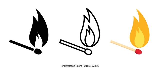 Lit Wooden Match Stick Burning Vector Icon Set. Matchstick Fire With Flame Symbol Illustration.