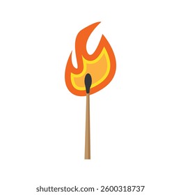 Lit wooden matchstick with a burning flame in orange and yellow tones, symbolizing fire, combustion, or ignition concepts. Flame, matchstick, fire