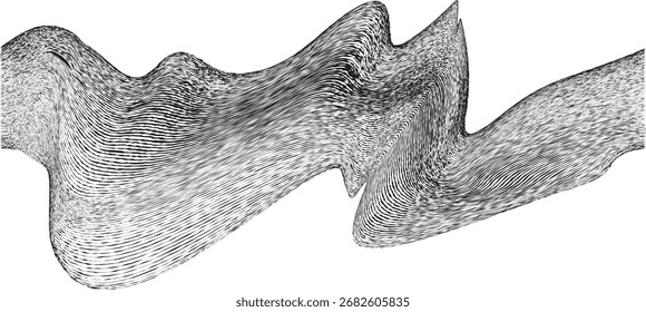 efeito litch . Linhas de velocidade distorcidas. Fundo abstrato das linhas de fluxo . Forma ondulada fluida. Bordas ásperas. Padrão linear listrado. Onda sonora de música . Ilustração vetorial
