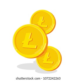 litecoin. 2D cartoon bit coin. Digital currency. Cryptocurrency. Golden coins with symbol isolated on white background. Stock vector illustration.