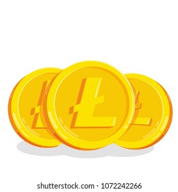 litecoin. 2D cartoon bit coin. Digital currency. Cryptocurrency. Golden coins with symbol isolated on white background. Stock vector illustration.