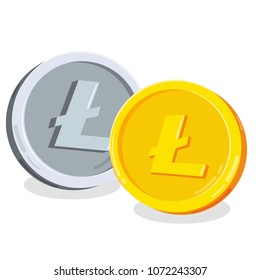 litecoin. 2D cartoon bit coin. Digital currency. Cryptocurrency. Golden coins with symbol isolated on white background. Stock vector illustration.