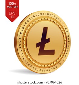 Litecoin. 3D isometric Physical coin. Digital currency. Cryptocurrency. Golden coin with Litecoin symbol isolated on white background. Vector illustration