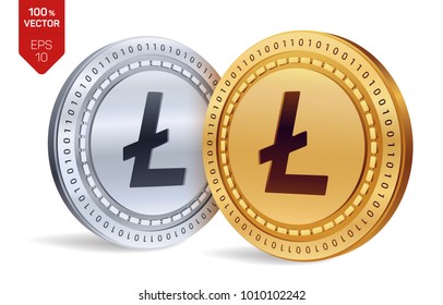 Litecoin. 3D isometric Physical coins. Digital currency. Cryptocurrency. Golden and silver coins with litecoin symbol isolated on white background. Vector illustration