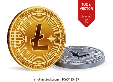 Litecoin. 3D isometric Physical coins. Digital currency. Cryptocurrency. Golden and Silver coins with Litecoin symbol isolated on white background. Vector illustration.