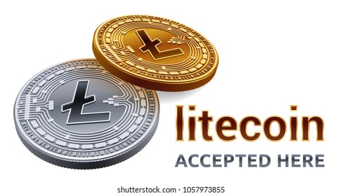 Litecoin. Accepted sign emblem. Crypto currency. Golden and silver coins with Litecoin symbol isolated on white background. 3D isometric Physical coins with text Accepted Here. Vector illustration