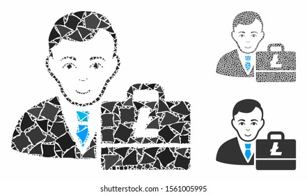 Litecoin accounter mosaic of ragged items in variable sizes and color tints, based on Litecoin accounter icon. Vector ragged items are organized into composition.