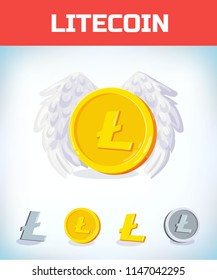 litecoin with angel wings. litecoin. Digital currency. Crypto currency. Money and finance symbol. Miner bit coin criptocurrency. Virtual money concept. Cartoon Vector illustration.